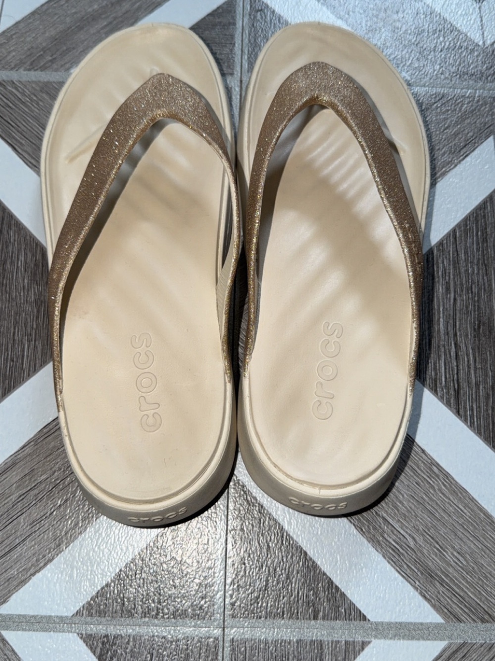 CROCS Women's Beige Footbed with Metallic Gold Straps Flip Sandals